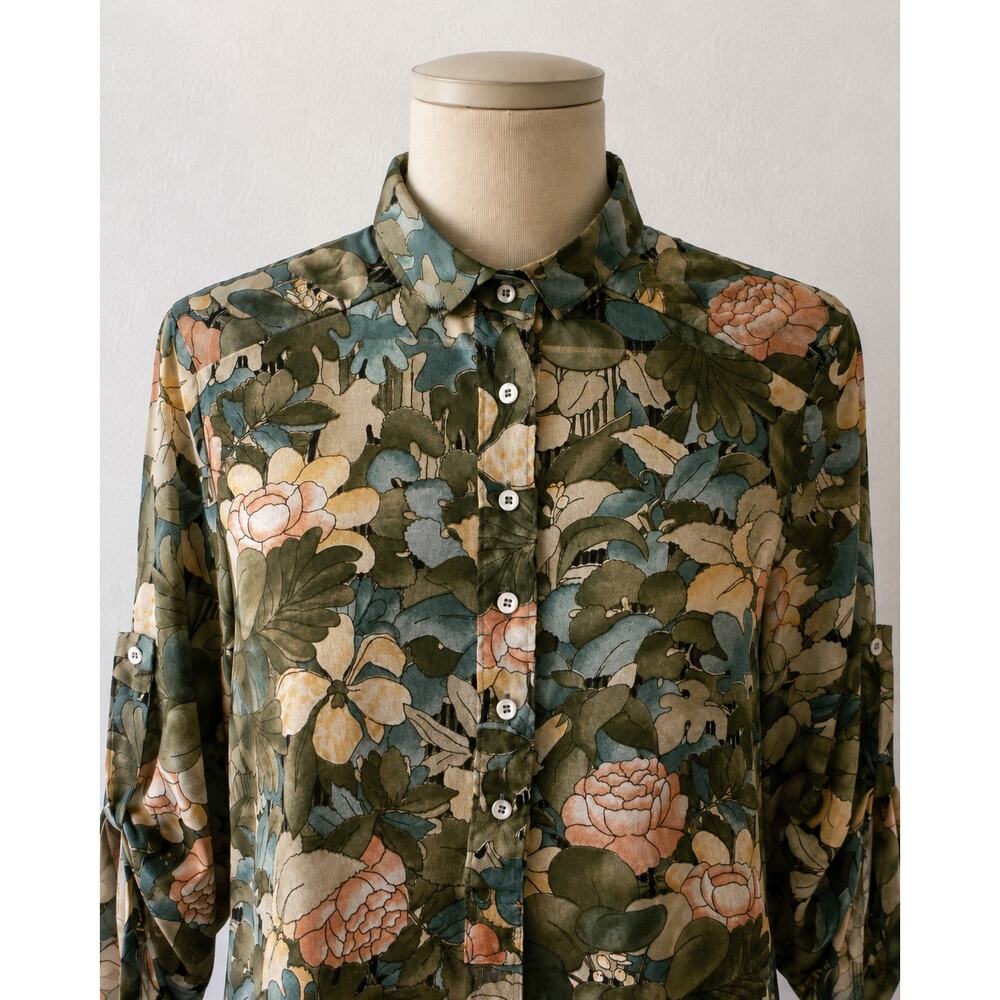 Vintage 70s Pucci Floral Blouse 9/10 Roll Tab Sleeve Boho Secretary Shirt Boho - Picture 4 of 11